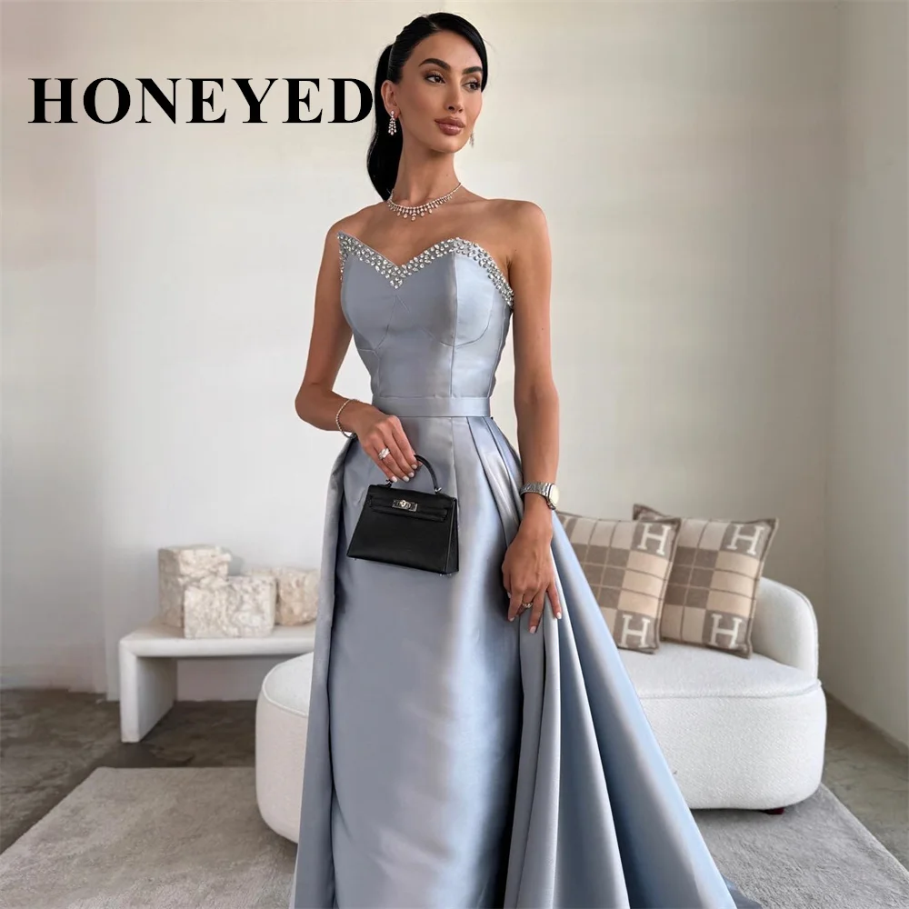 HONEYED Blue Elegant Sequined Party Dress Sleeveless Sweetheart Long Prom Gown Dubai Draped Train Formal Dresses For Women 2024