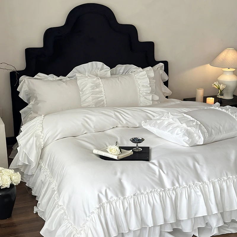 Princess Wedding White Bedding Set Luxury 4PCS Egyptian Cotton Solid Color Ruffles Duvet Cover Bed Skirt Bedspread Pillowcases