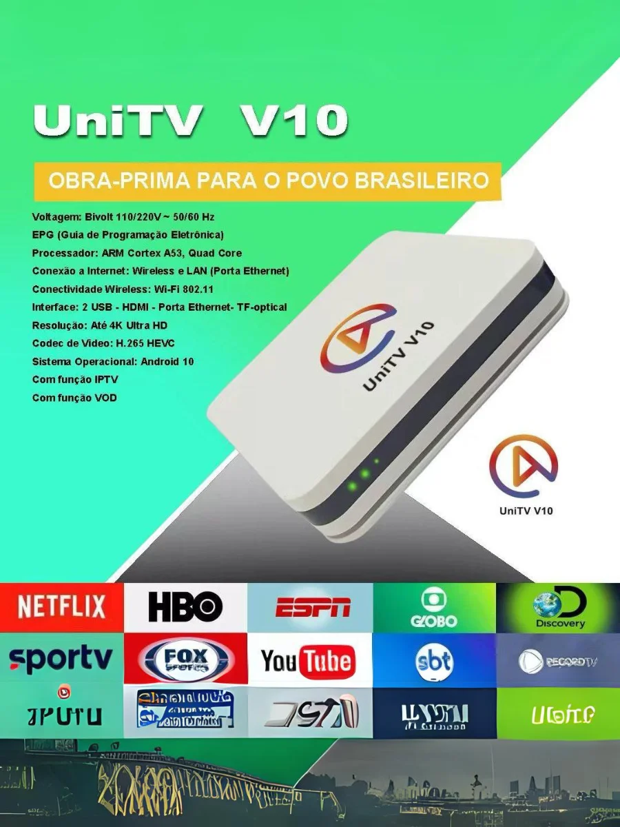 Aparelho UniTV V10 em destaque com lista de aplicativos de streaming e especificações técnicas