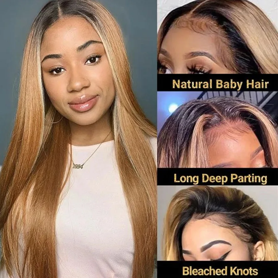 1B27 Colored Straight Full Lace Front Human Hair Wigs For Women Transparent Honey Blond Lace Frontal Wig Pre Plucked