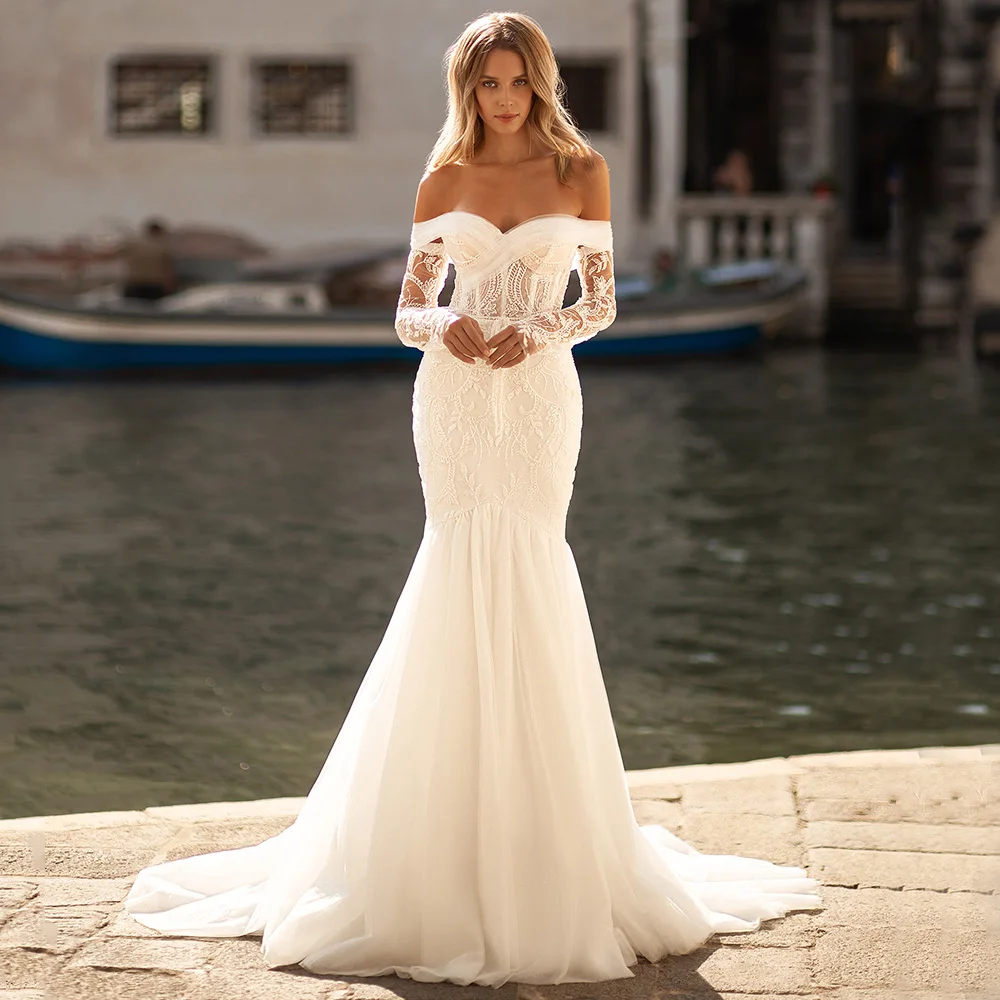 

Ivory Off the Shoulder Modern Wedding Dress with Detachable Sleeve for Women Sweetheart Tulle Mermaid Appliques Bridal Gowns