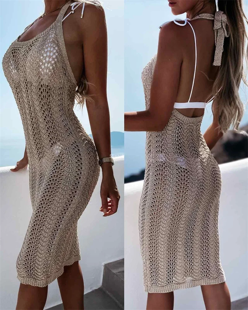 Damen Neckholder, rückenfrei, figurbetontes Strickkleid, sexy, ausgehöhlt, durchsichtig, gehäkelt, Bikini, Überwurf, Strand, Tunika, Bademode