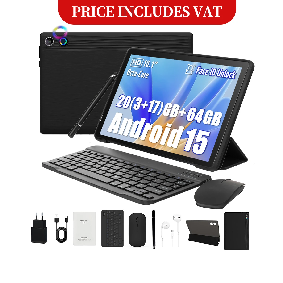 Tablet Android15 da 10 pollici 20 GB RAM 64 GB ROM espandibile 1 TB WIFI6 WidevineL1 GMS 5000 mAh Stilo tastiera Mouse Cuffie Set di custodie