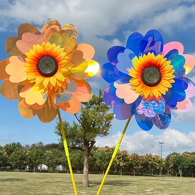 NONE 1 ensemble décor de jardin extérieur Double couche tournesol moulin à vent rotatif tournesol vent Spinner piquet debout pelouse fleur Pinwheel 3