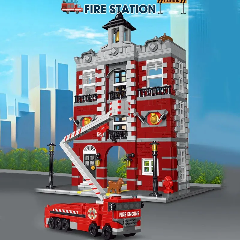

1823pcs Retro Fire Station House Buildings Sets City Architecture Modular Building Block Assembly Model Kit Adults Toys Gift