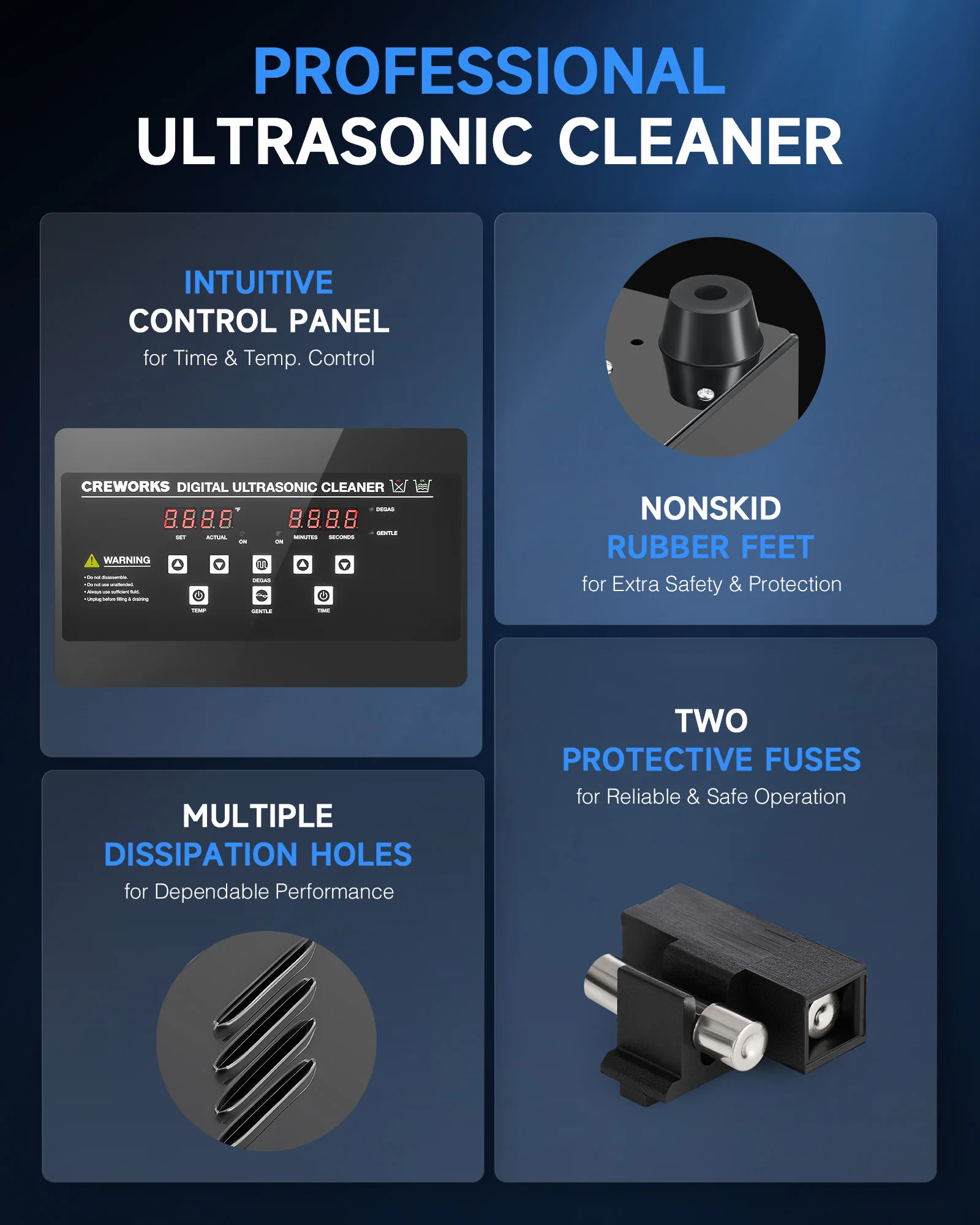 CREWORKS Pulitore ad ultrasuoni da 2 litri a 30 litri in acciaio al titanio con modalità Degas e delicata