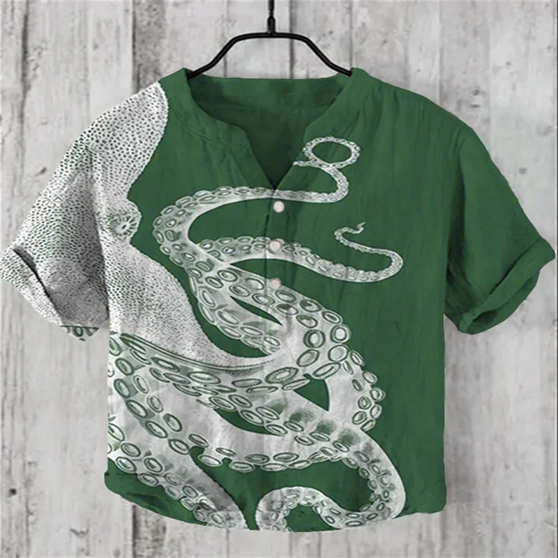 Various colors men's Japanese art octopus pattern print short sleeve shirts high quality fabrics daily going out shirts - Image 3