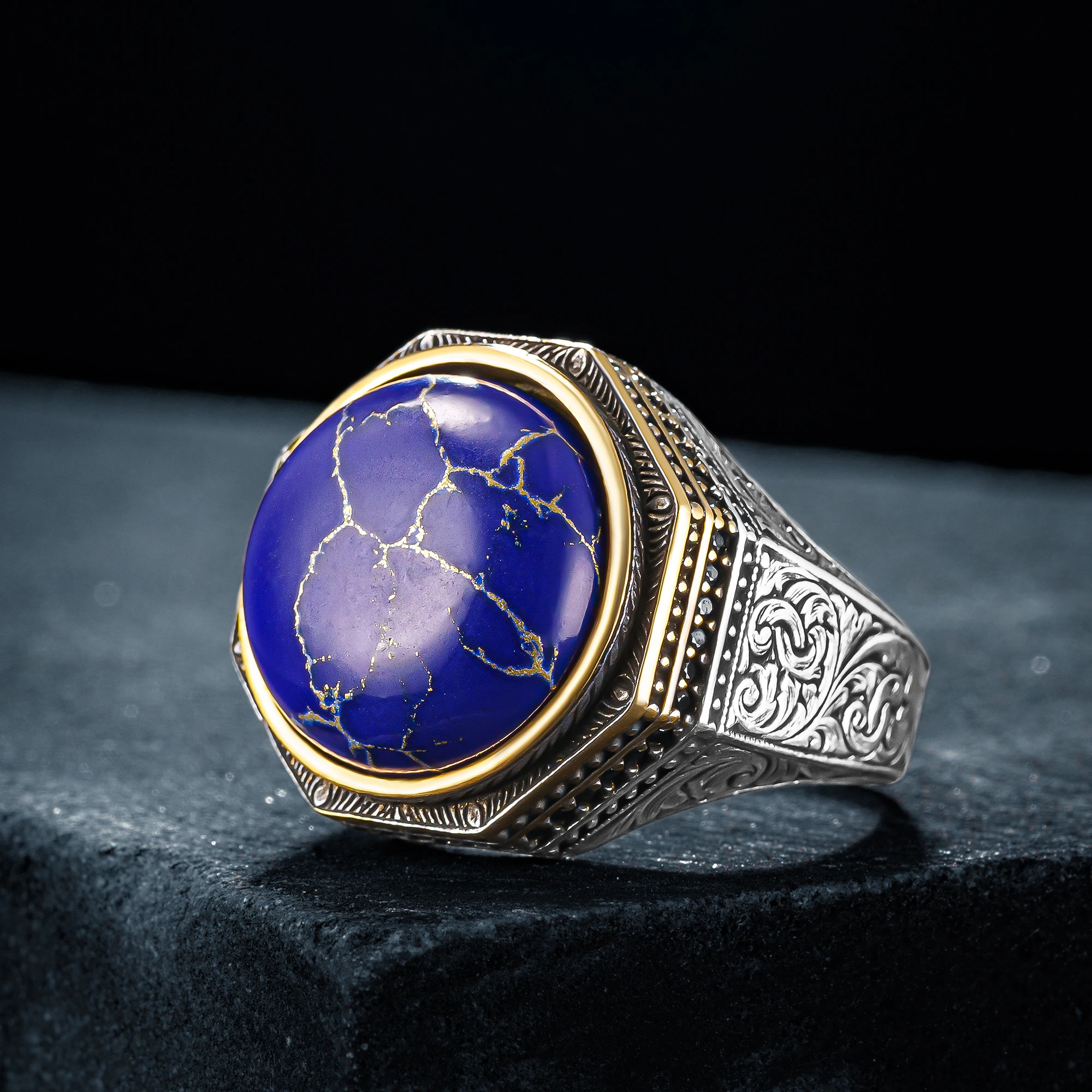 

S925 Sterling Silver Round Lapis Lazuli Stone Men's Ring Gemstone Jewelry Turkish Handmade Gift For Men Free Shipping