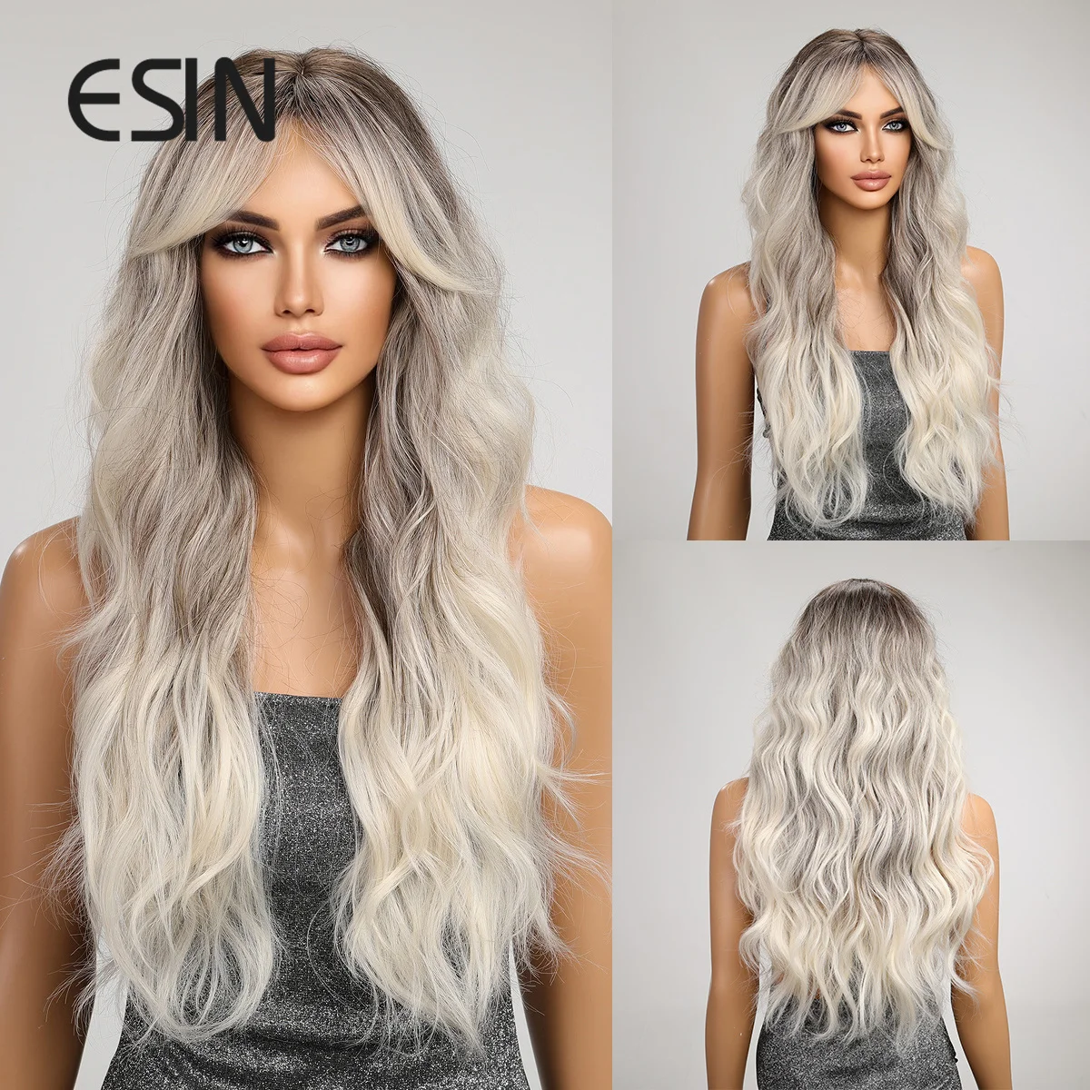 ESIN Long Wavy Wigs with Bangs Ombre Brown Blonde Synthetic Wig Daily Cosplay Party Use Heat Resistant Fiber Hair for Women image 5