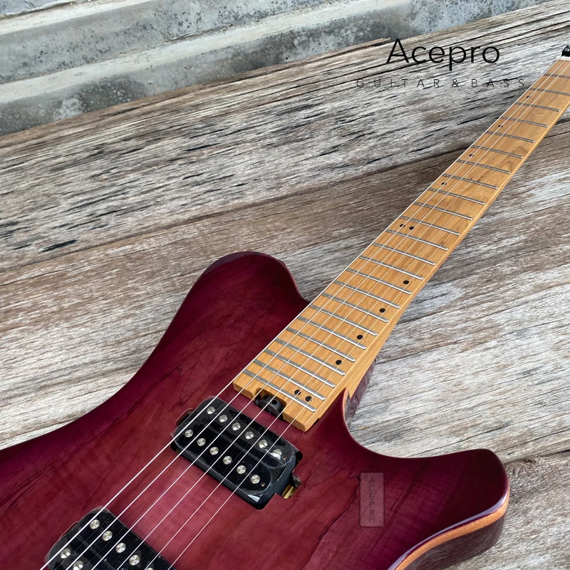 Acepro Headless Electric Guitar,  Gloss Purple Koa Top, 24F Stainless Steel Frets, Roasted Maple Neck, Black Hardware, Guitarra