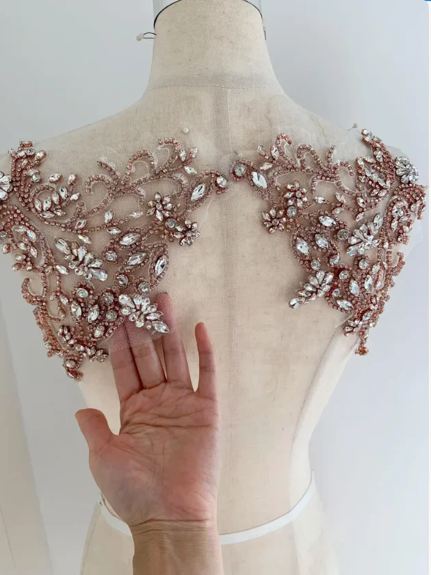 

Rose Gold Rhinestone Applique, Crystal Bodice Patch, Heavy Bead Handmade Bodice Patch
