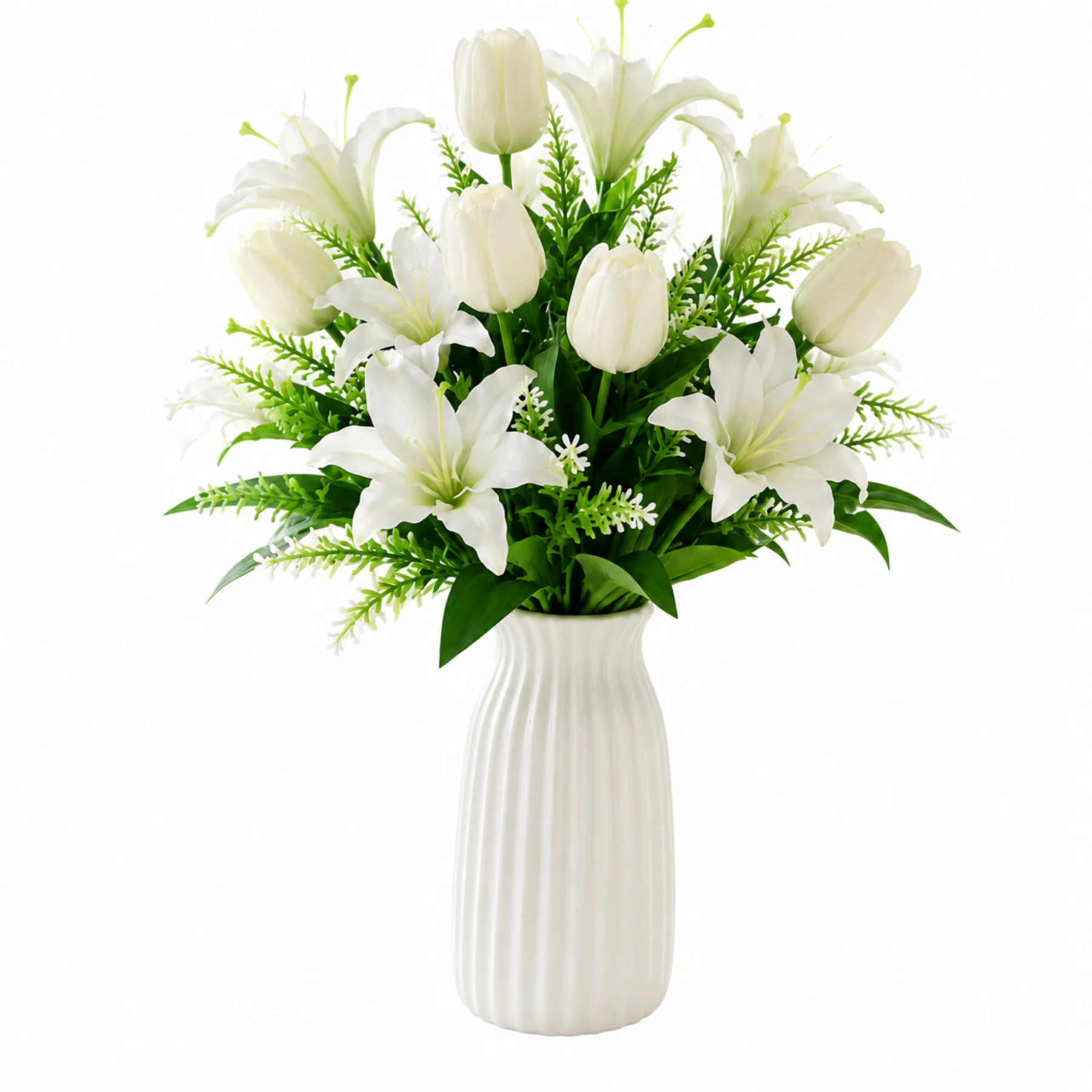 Bouquet di fiori artificiali Fyrove, confezione da 2, bouquet di fiori artificiali bianchi, gigli e tulipani artificiali, 45 cm, bouquet di fiori decorativi con foglie verdi, Fyrove, facile da curare,