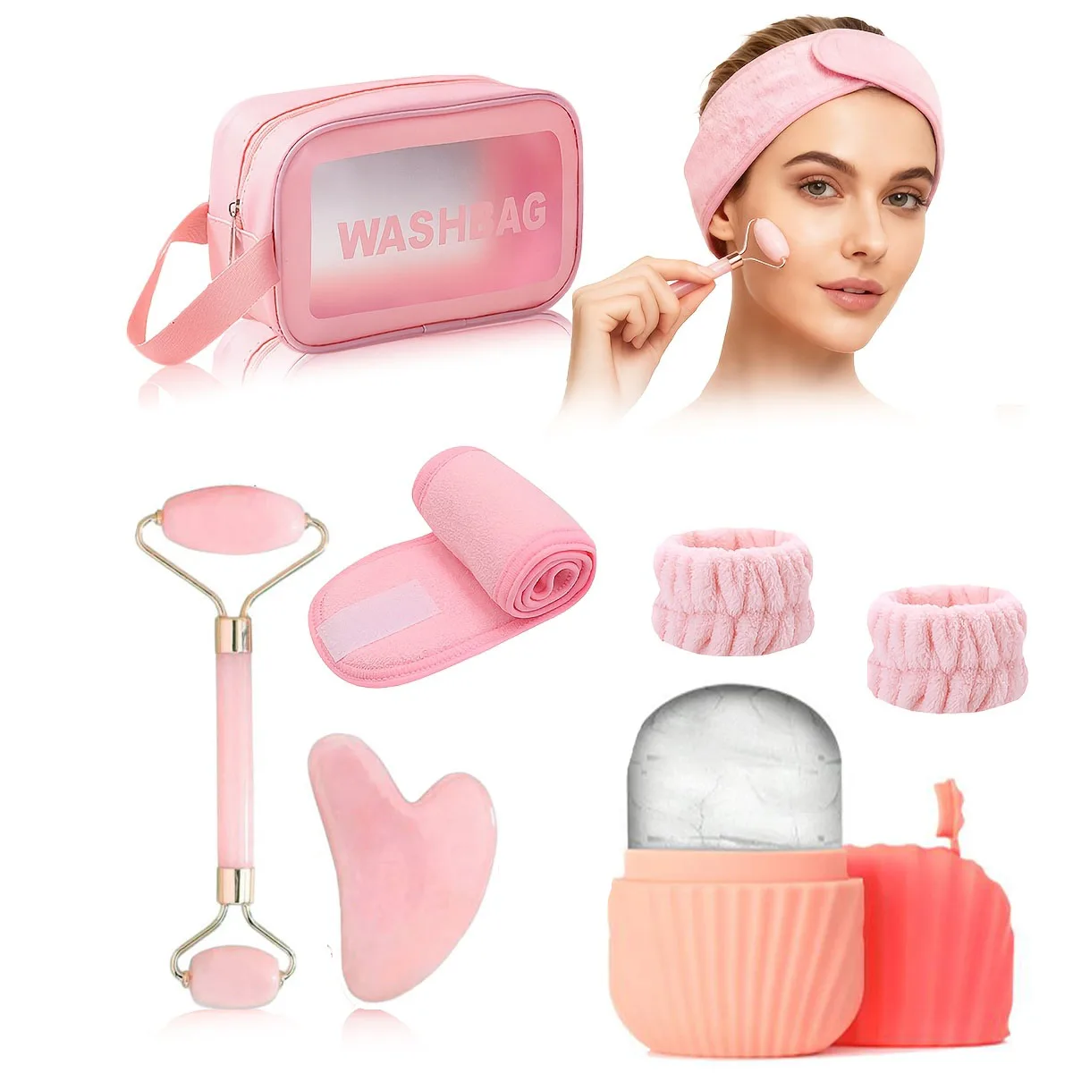 7-piece facial massage tool set, includes ice tray, gua sha board and roller set, headband, wrist strap, and makeup bag