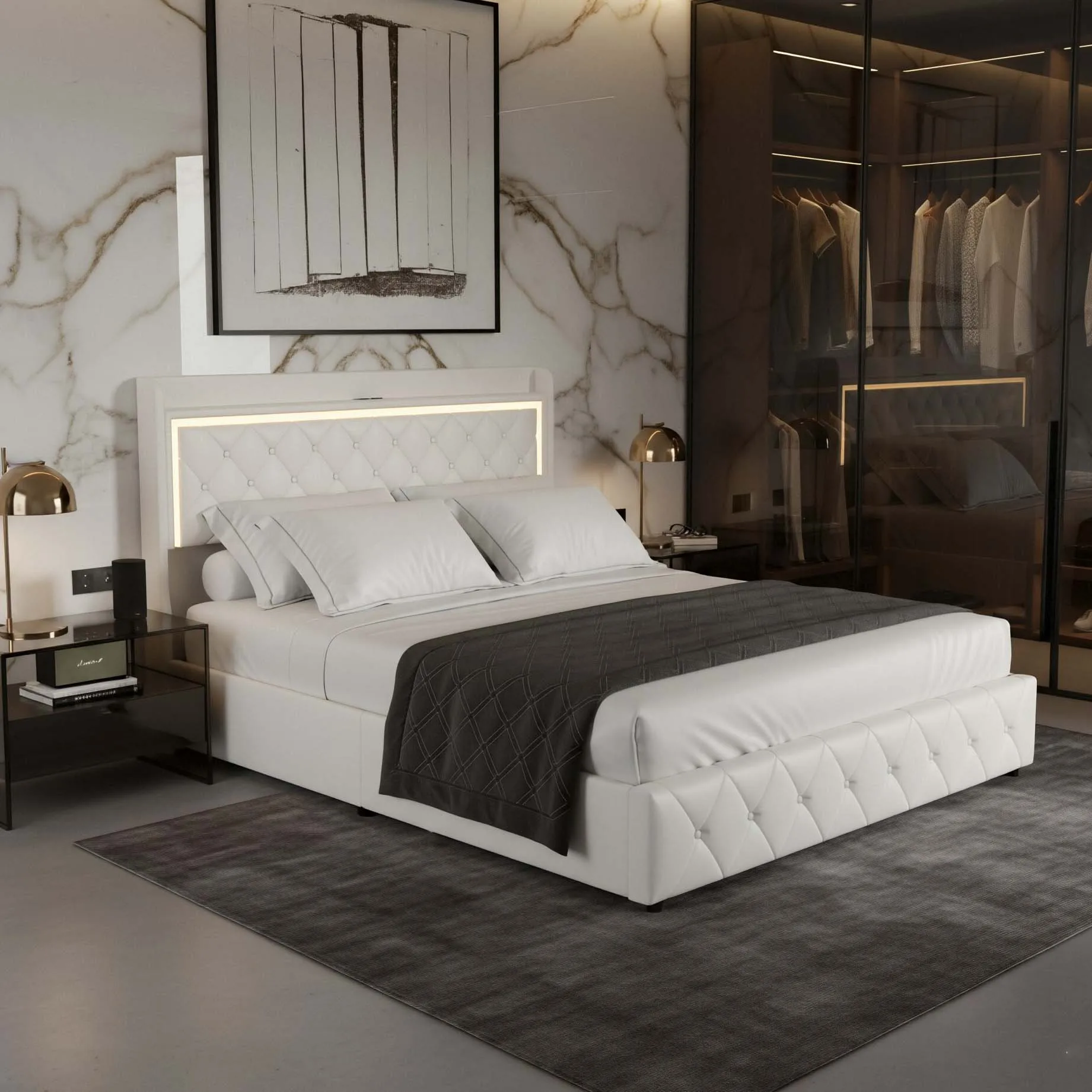 Letto matrimoniale 140x190/200cm con 4 cassetti, LED RGB, stazione di ricarica USB, ripiano testiera, struttura imbottita beige, moderno