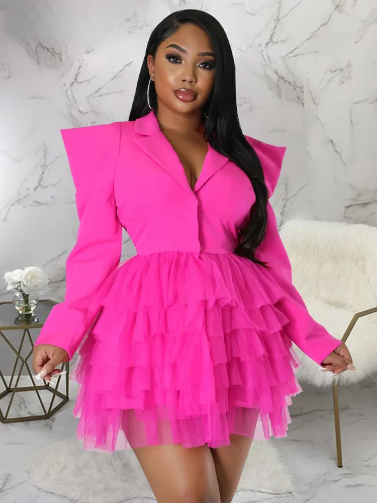 Znaiml Fashion Blazer Style Long Sleeve Ruffles Mesh A-line Mini Dress Women Spring Office Lady Sexy Club Party Birthday Dresses — zdjęcie 2