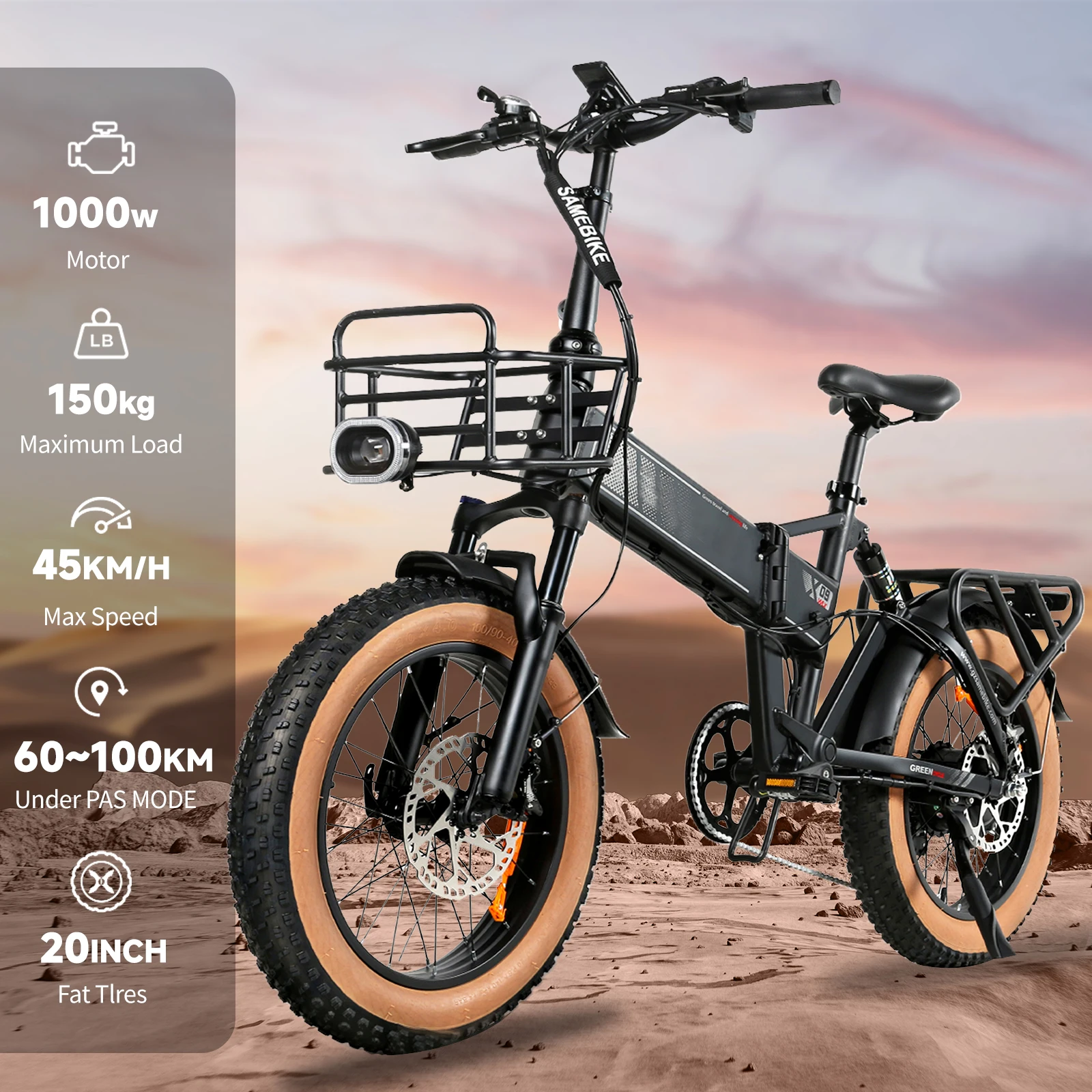 Electric Bike 1000W Folding Electric Bicycle 1000W Brushless Motor 20-inch Tires Ebike 45km/h 48V 15Ah Lithium Battery