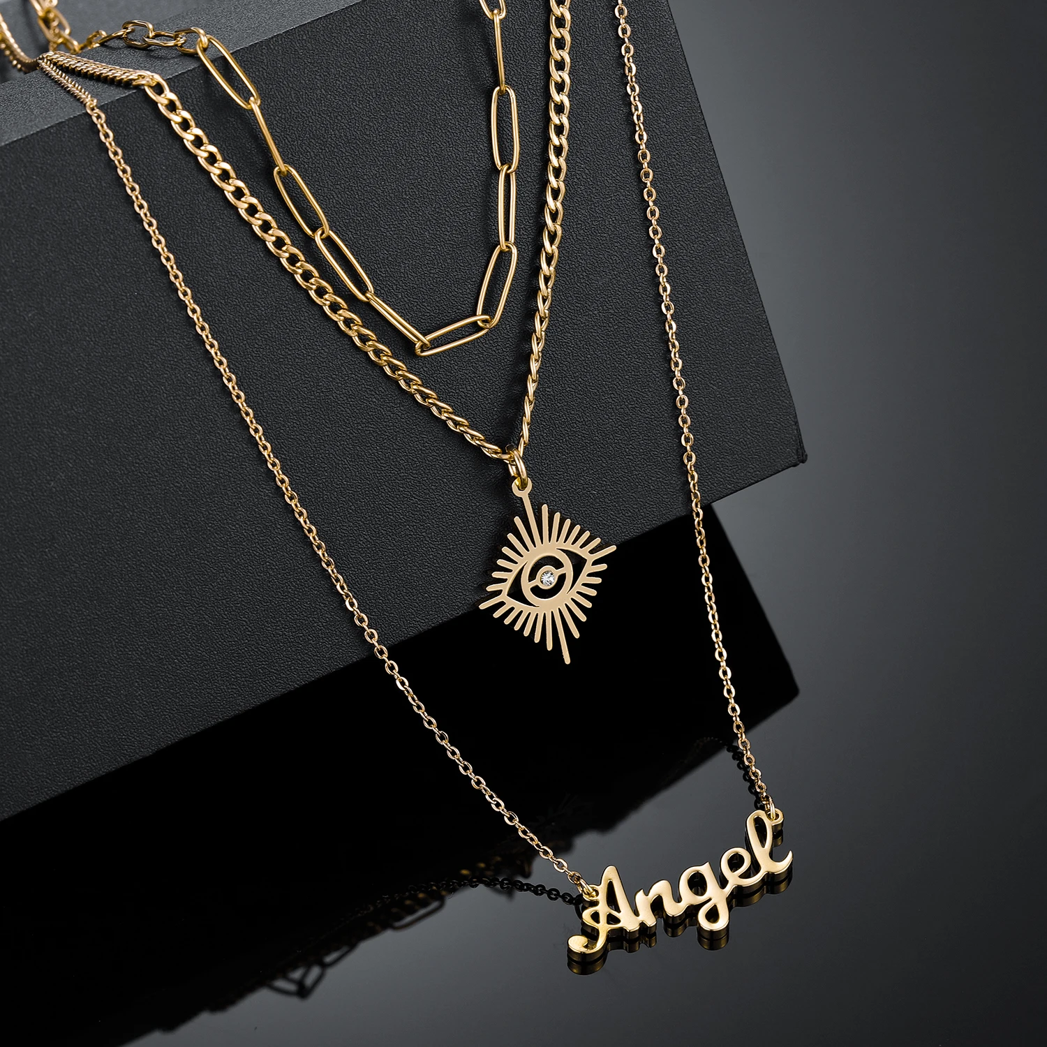 Dascusto Custom Name Necklace For Women Vintage Pendant Fashion Angel Eyes Necklace Multiple Layers Name Chain Nameplate Jewelry