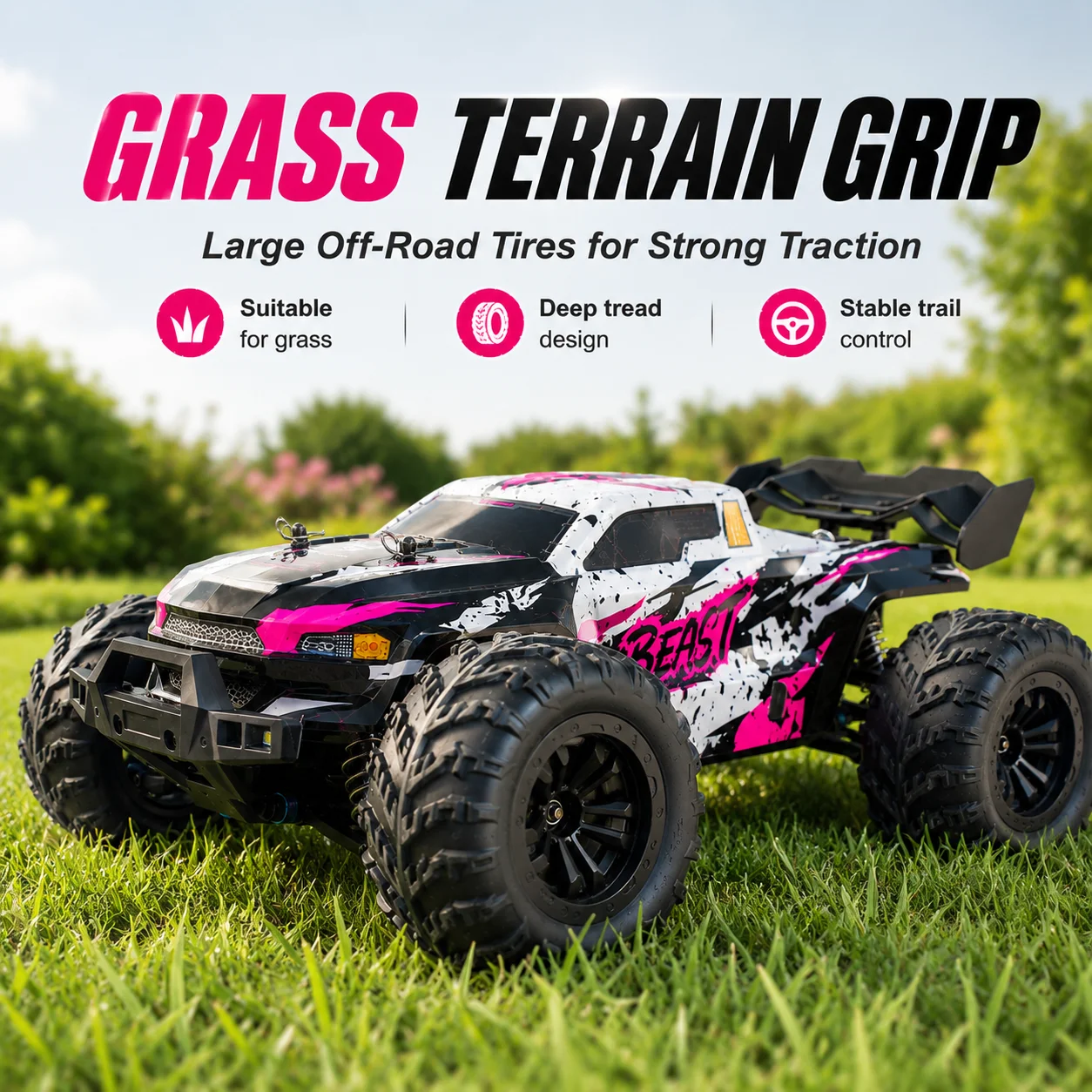 ZNLYRION Ferngesteuertes Auto RC Off-Road Monster Truck 4WD Bürstenlos 2,4 GHz 3-Gang-Verstellbar mit LED-Scheinwerfern, All-Terrain-Großreifen Hobby RC-Fahrzeug 2 Wiederaufladbare Batterien RTR