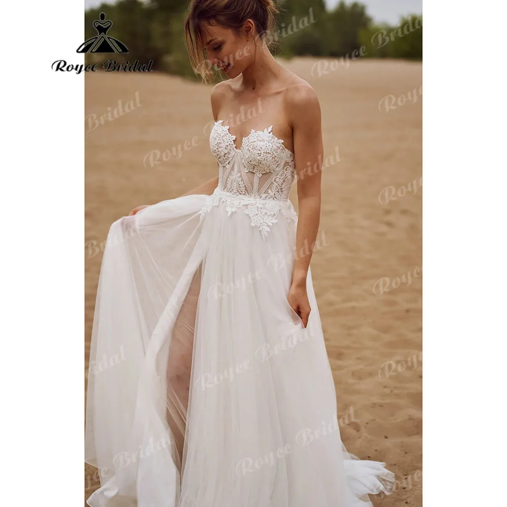 Elopement Lace Boho Beach Split Side Wedding Party Dress for Women 2024 Off Shoulder Bridal Gown vestidos de fiesta Roycebridal