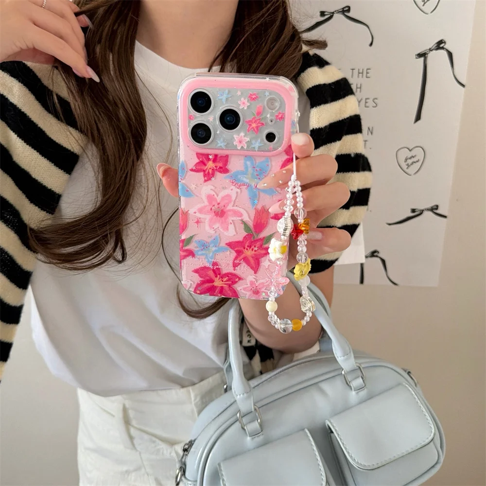 

INS Cute Korean Style Spring Pink Blue Lily Phone Case Suitable for iPhone 17 Pro Max 15/16 13/14 ProMax Anti Drop Protection