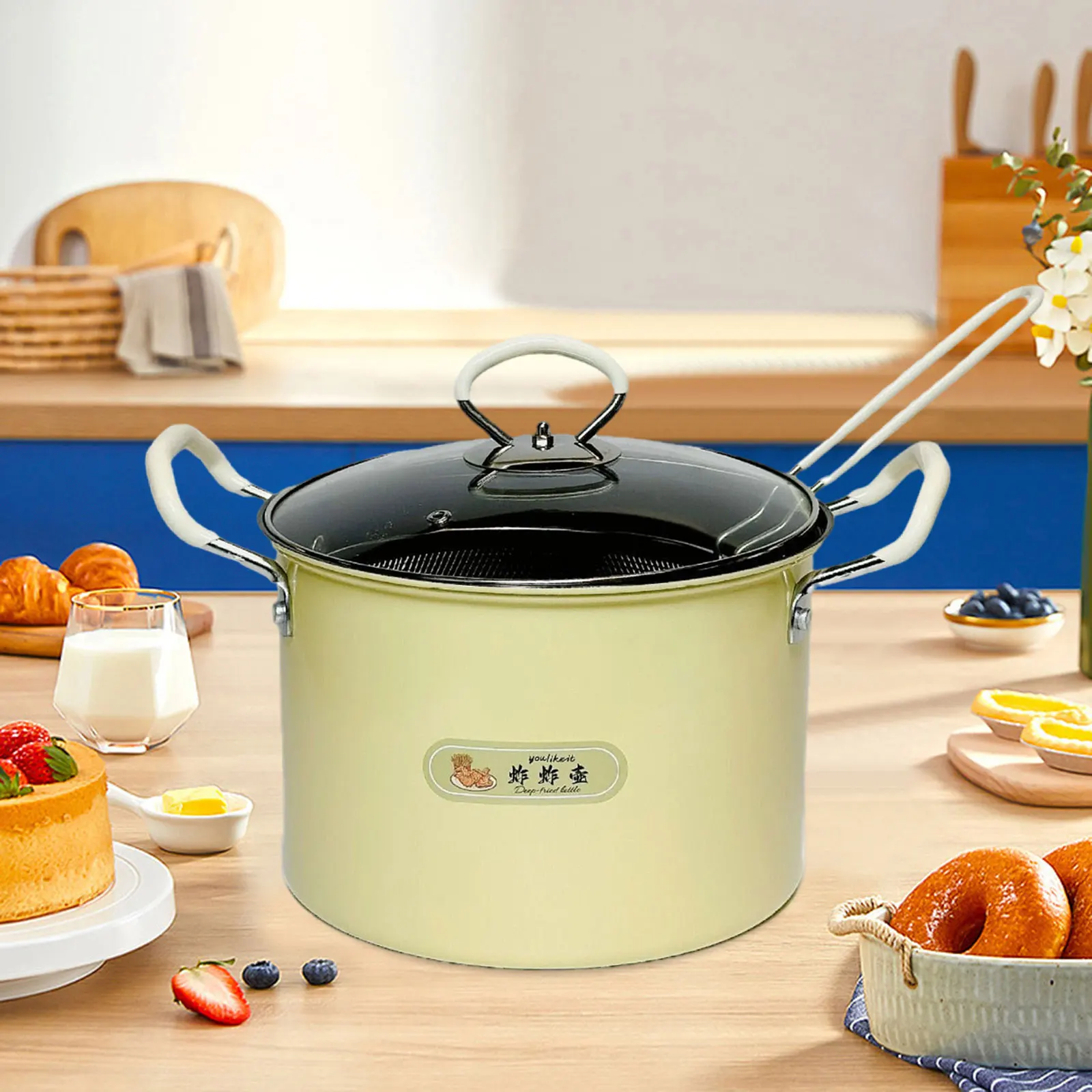

5.2L Iron Deep Fryer Pot with Strainer Basket Multifunctional Kitchen Frying Pan with Clear Lid for Outdoor Camping Cooking Tool