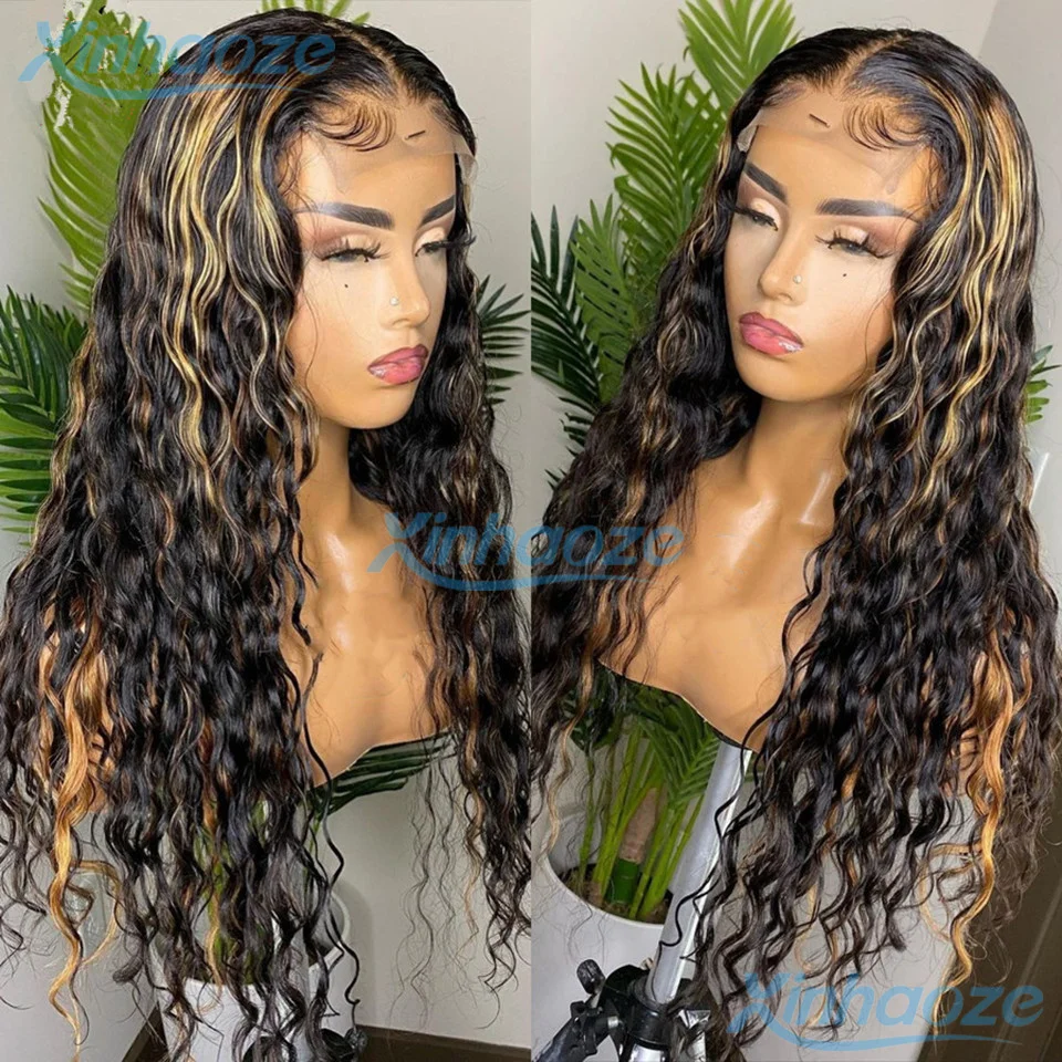 

Black Blonde Deep Water Wavy Highlight #1b/27 Human Hair 5x5 Silk Top Closure Wigs Pre Plucked Brazilian 13x4/360 Full Lace Wigs
