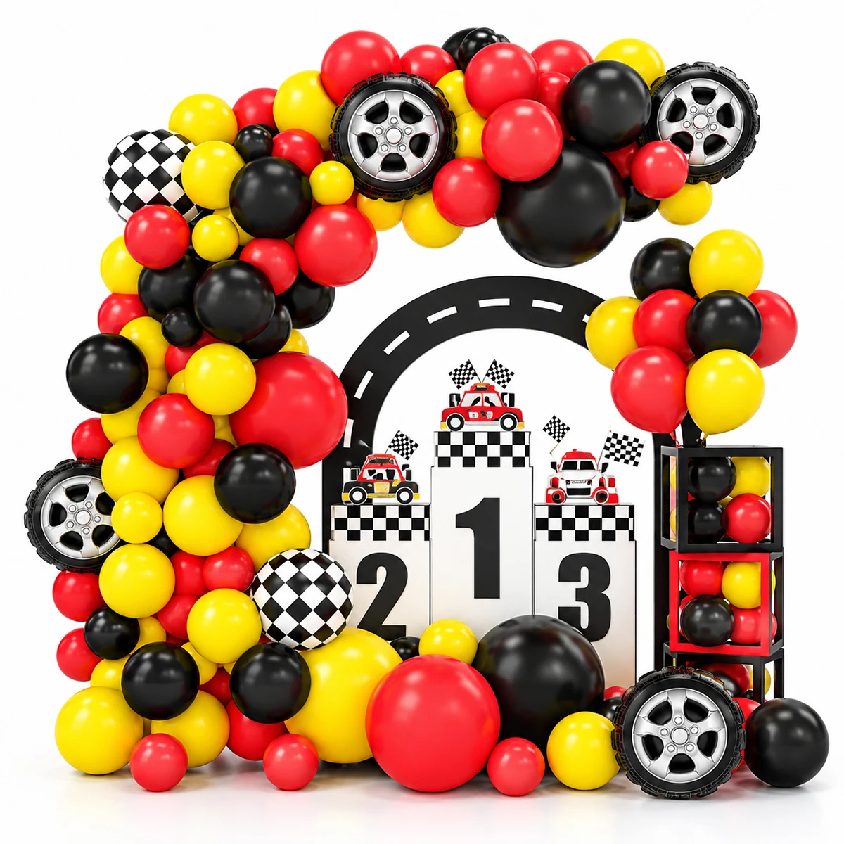 Set di palloncini a tema auto da corsa, 115/125 pezzi, ghirlanda di palloncini a tema pneumatici, decorazioni per feste di compleanno