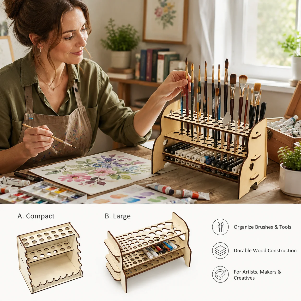 Wooden Multi Layer Craft Tool Organizer Storage Rack Two Sizes Compact Large Wave Edge Pen Brush Thread Spool Holder For Artist Painting Sewing DIY Craft Room Desk Space Saving Storage Caddy - view 2