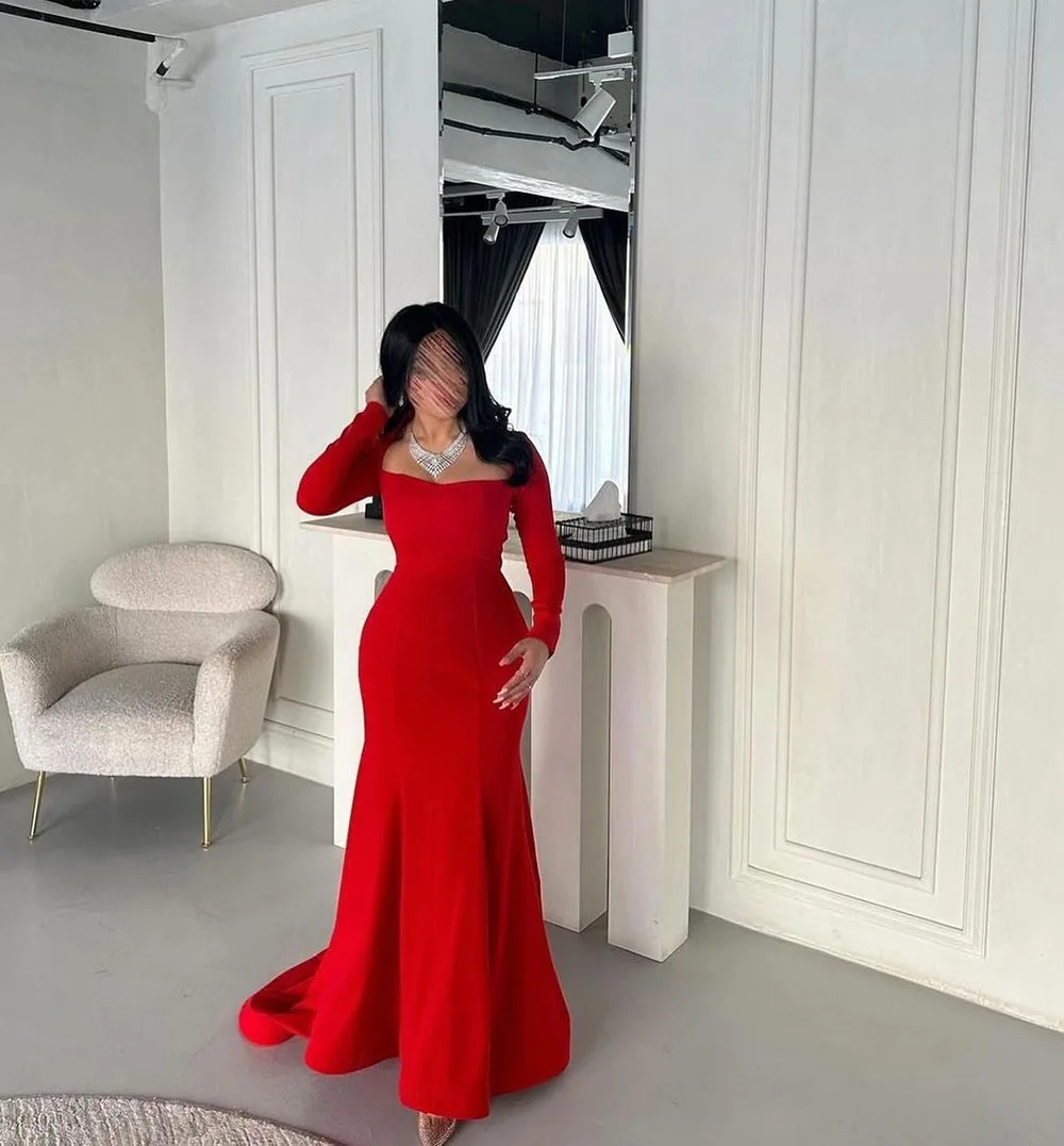 Msikoods Elegant Red Mermaid Prom Dress Elastic Satin Customized Long Sleeves Floor Length Formal Evening Dress vestido de gala