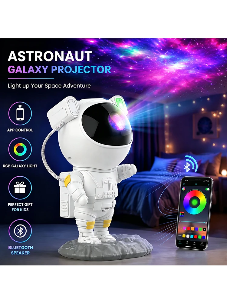 Astronaut Lureshine Galaxie-Projektor mit Bluetooth-Lautsprecher, App-Steuerung, Nebula RGB, Sternenhimmel-Nachtlicht, 360° °   Rotierender Weltraum-Projektor für Kinderzimmer, Geschenk zur