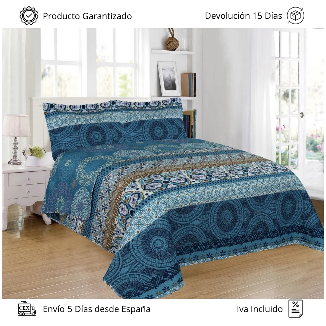 Summer Quilt Reversible Blue Mandalas Collection 2023: Microfiber Fresh, Stylized, 5 Measures, Quadrants Gift, Fast Shipping-Store, Comfort and Quality in Your Home