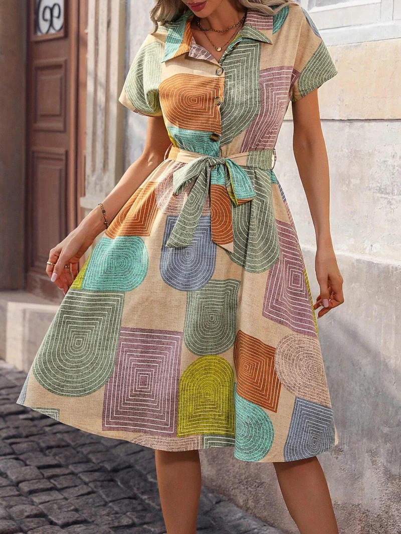 Vestido camisa casual de manga curta com estampa geométrica de verão feminino, adequado para uso diário
