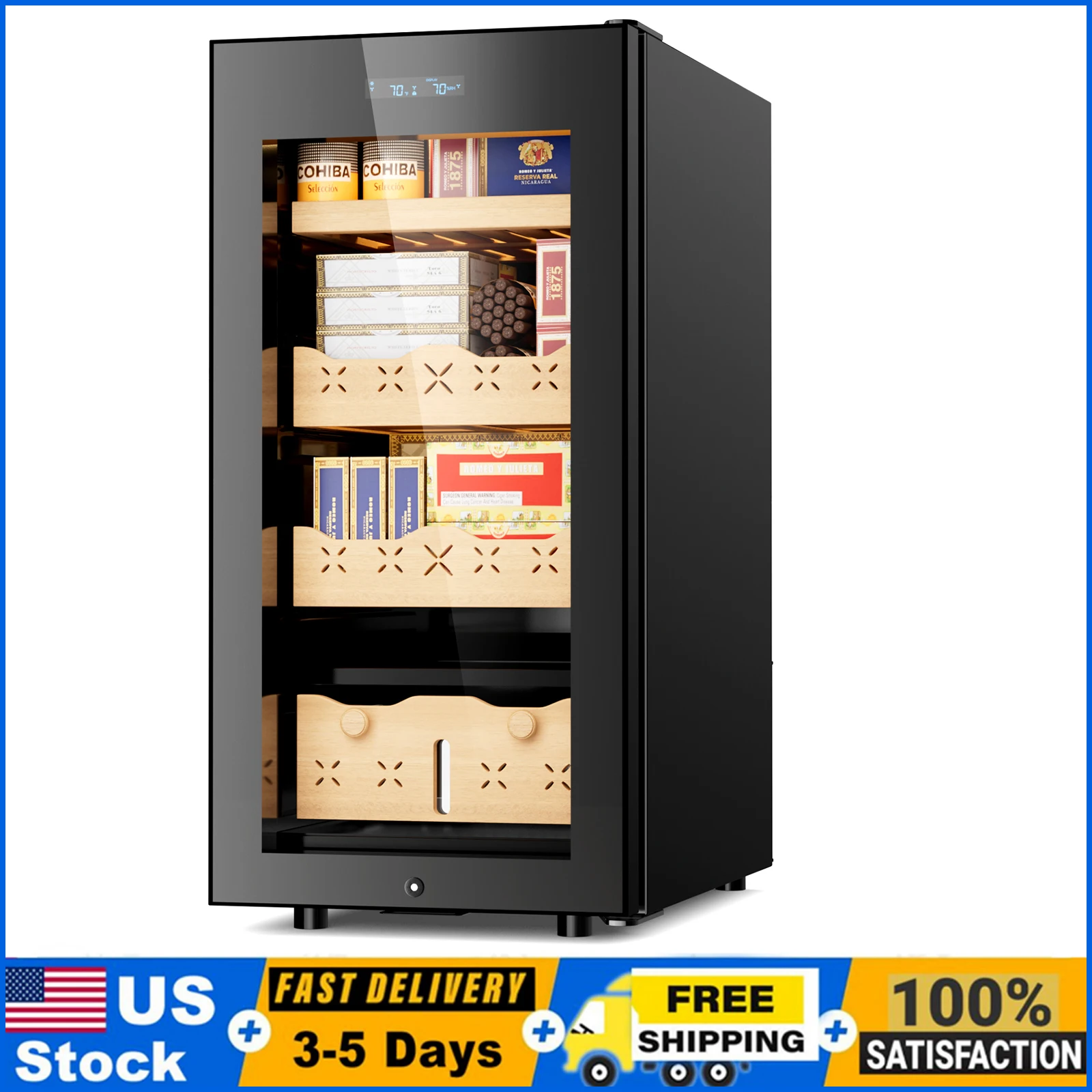 

Электронный хьюмидор для сигар на 85 л с интеллектуальным контролем температуры и влажности, электронный шкаф с большой вместимостью на 700 сигар, цифровой.