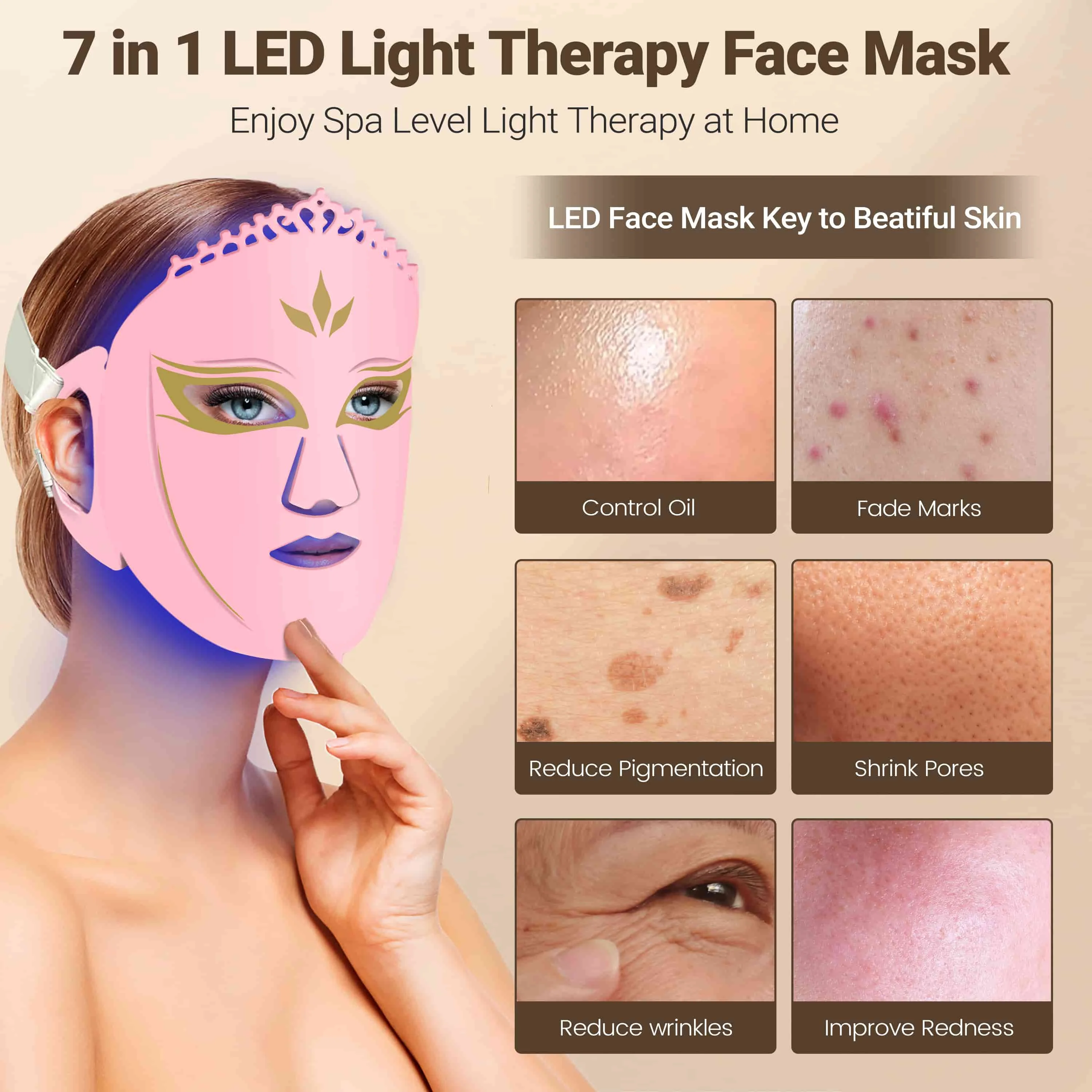 Dawfek Máscara facial de terapia de luz LED de 7 cores, 360PCS LED, máscara facial de beleza de silicone portátil, em casa e viagens