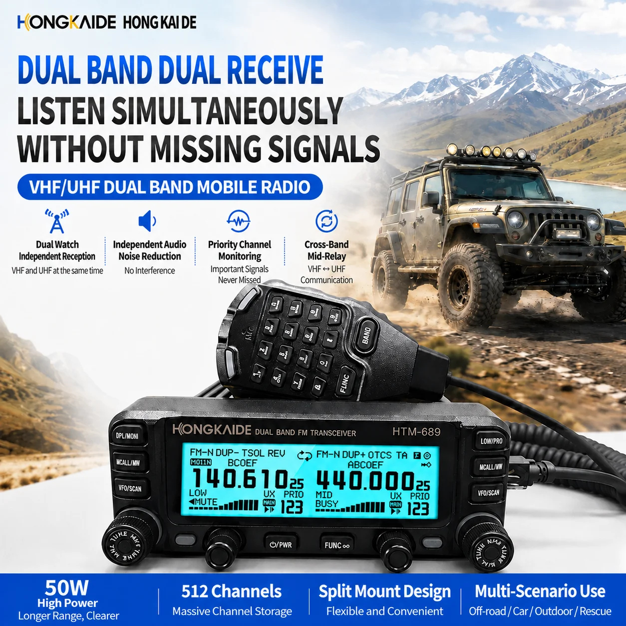 HONGKAIDE HTM-689 50W VHF UHF Dual Band Mobile Radio Dual Receive Two Way Radio Cross-Band Repeater for Off-Road Car Truck