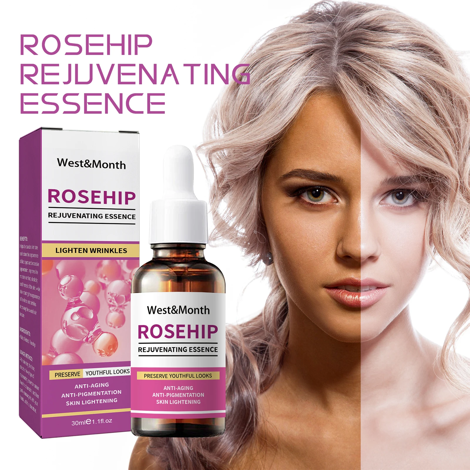 

30ml Rose Fruit Essence Face Firm Fade Dark Spot Shrink Pores Reduce Wrinkles Antioxidant Moisturizing Lighting Skin Care Serum