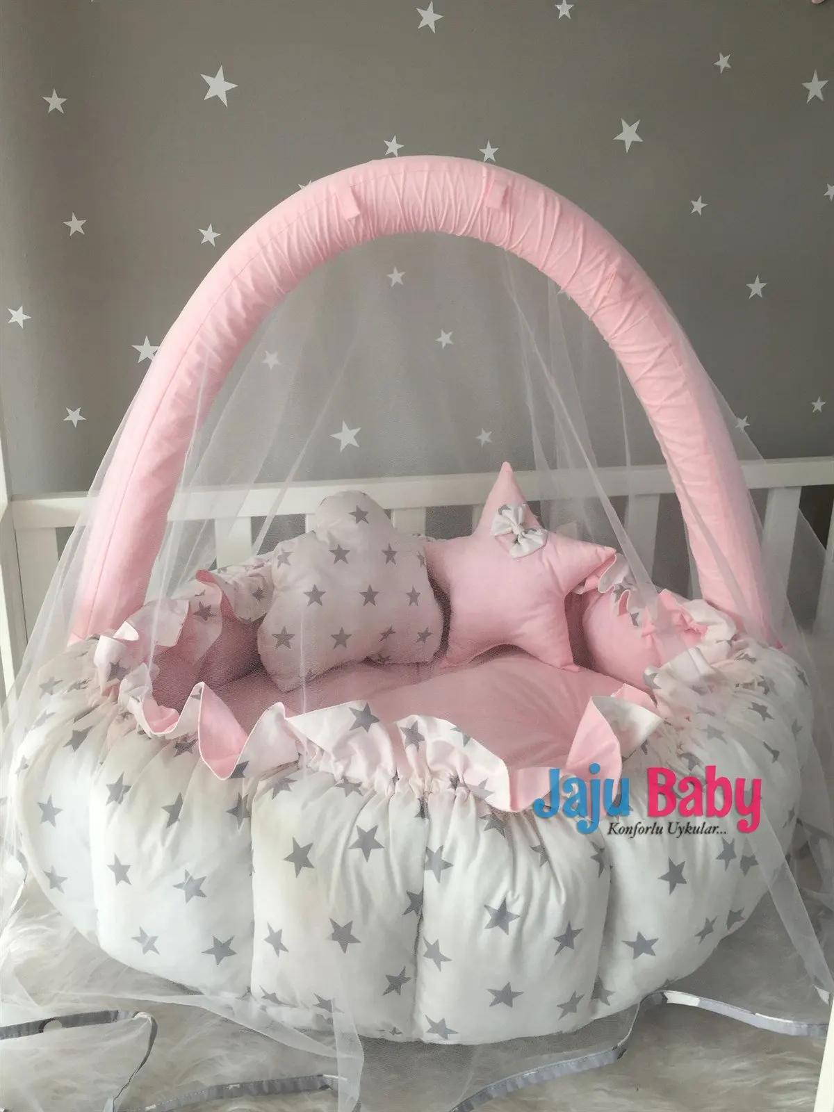 

Pink - White Star Design Luxury Play Mat Babynest Mosquito Net Tulle Toy Apparatus Set