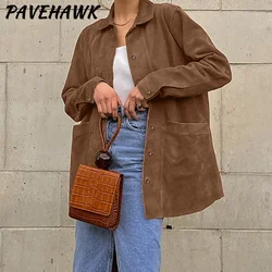 Women Solid Single Breasted Loose Coats Vintage Casual Autumn Winter Suede Jackets High Street Long Sleeve Lady Chic Outerwear