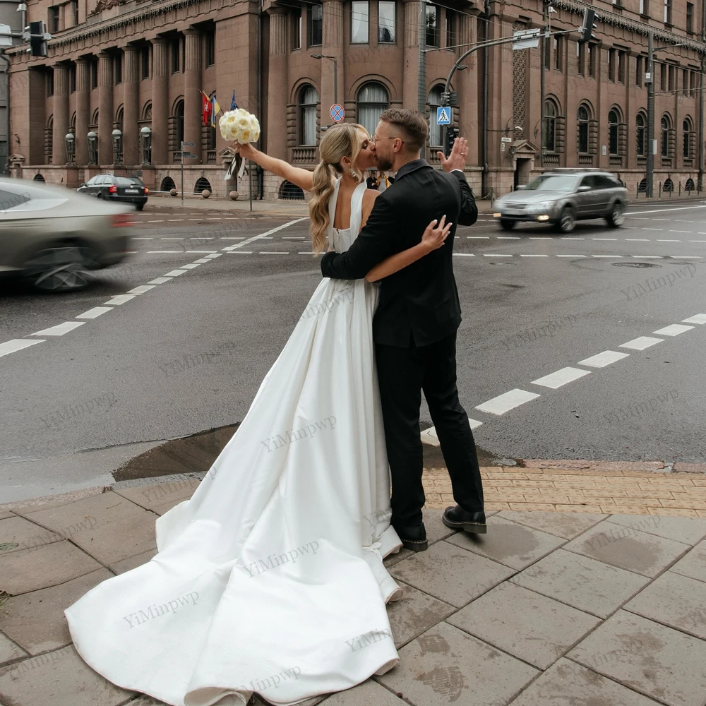 فساتين زفاف أنيقة من الساتان المطرز بدون أكمام بدون حمالات على شكل حرف a بدون أكمام سويب تراين فساتين العروس مع شالات مخصصة #5