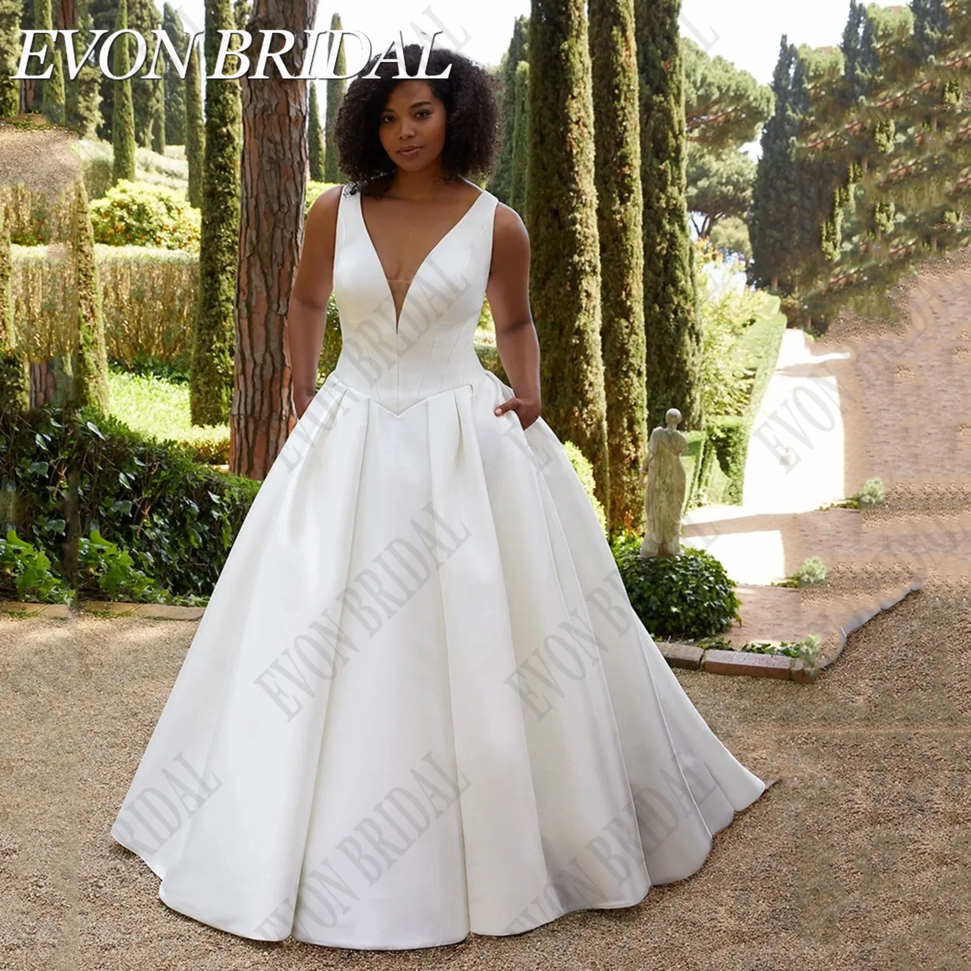 

EVON BRIDAL Simple Backless V-Neck Plus Size Wedding Dresses For Woman Satin Sleeveless Applique Vestidos De Novia Customized