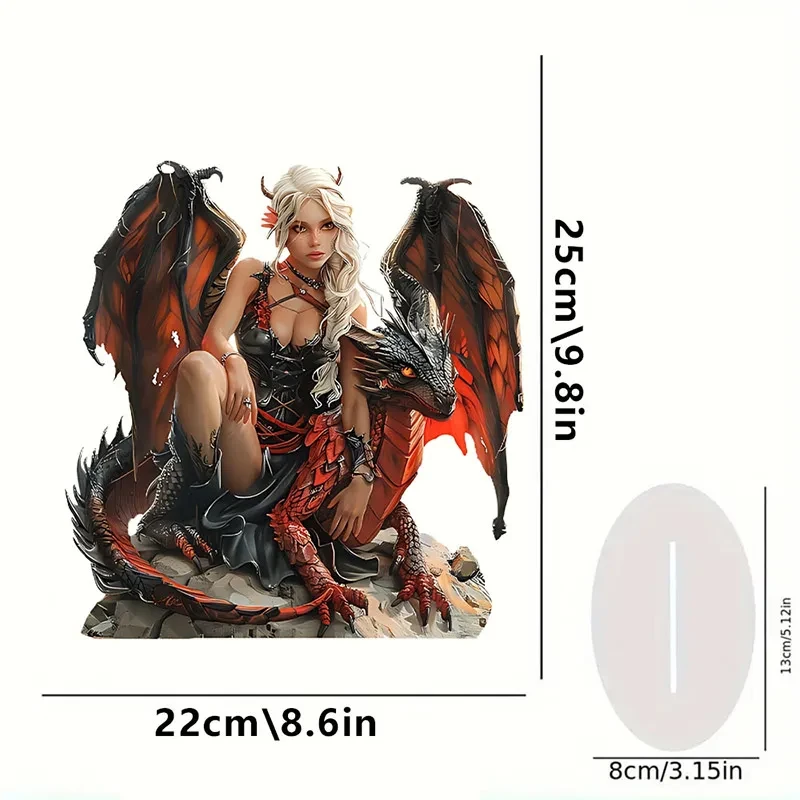 Acrylic Enchantress & Red Dragon Ornament 2d Chic Living Room Game Hall Bedroom Figurine Fashion Tabletop Display Case Statue