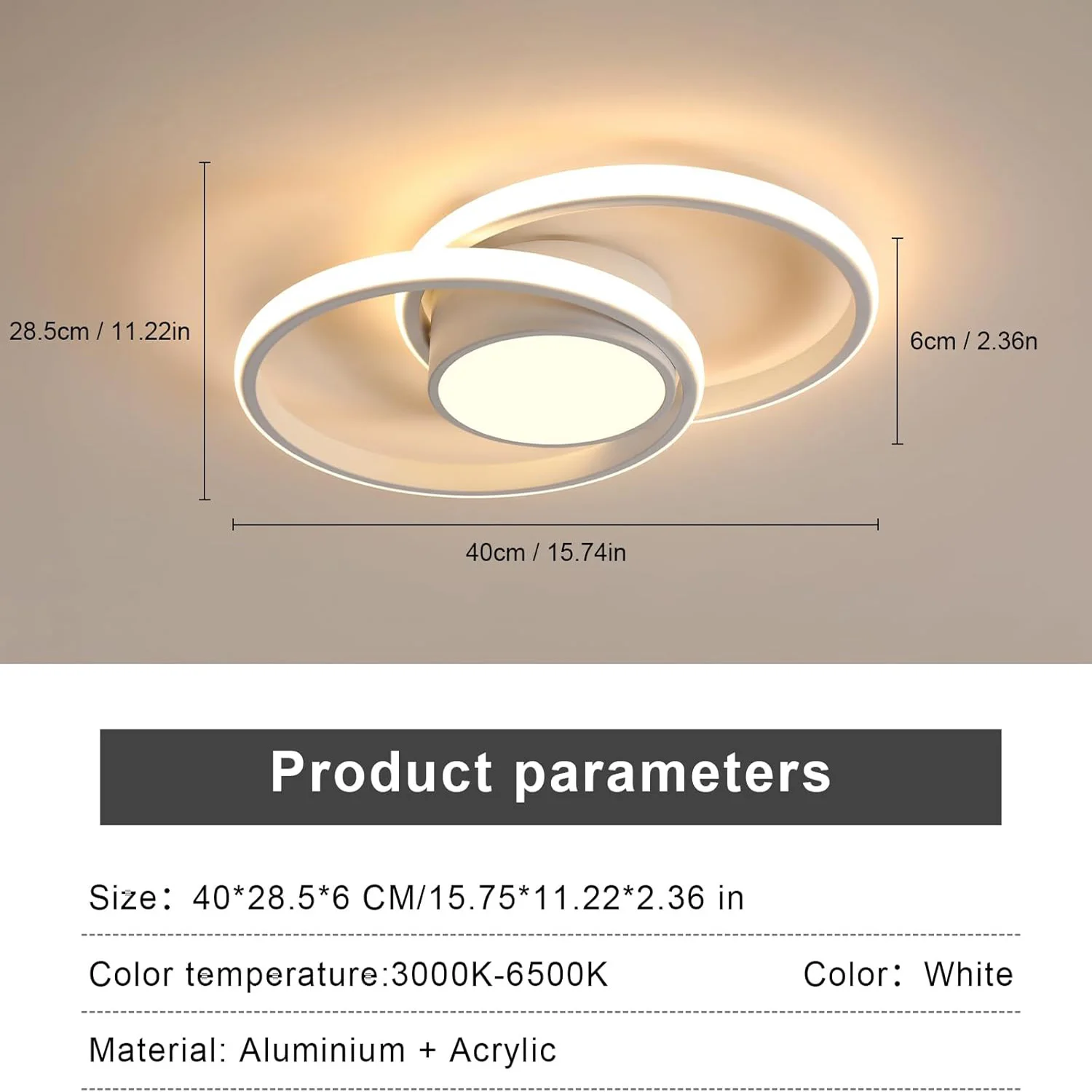 40W LED Plafondlamp, 3CCT Dimbaar 3000K-6500K Moderne 2-Ring Plafondkroonluchter met Afstandsbediening, LED Plafondlamp, LED Plafondlamp, Binnenverlichting voor Woonkamer Slaapkamer Hal Gang Decoratie