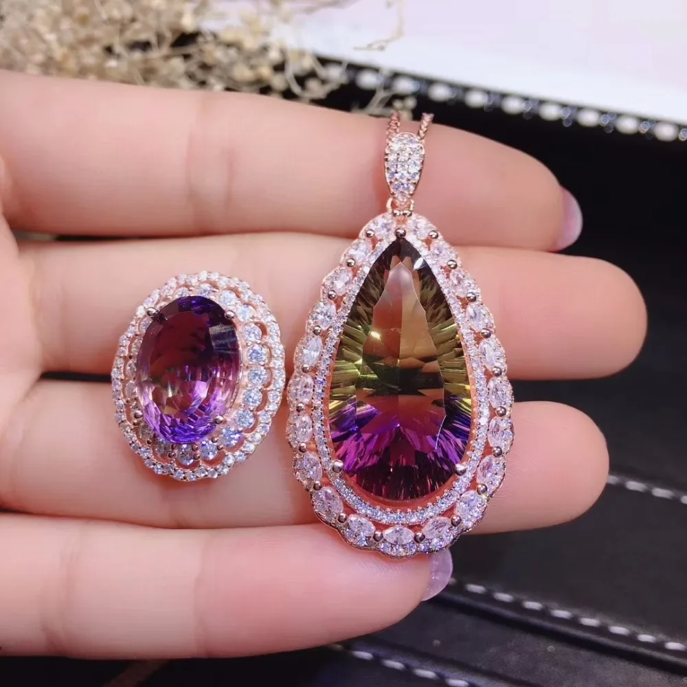 

KJJEAXCMY Women's Natural Amethyst 13x25mm Large Gemstone Necklace Pendant Ring Set 925 Pure Silver Plated Rose Gold High Carbon