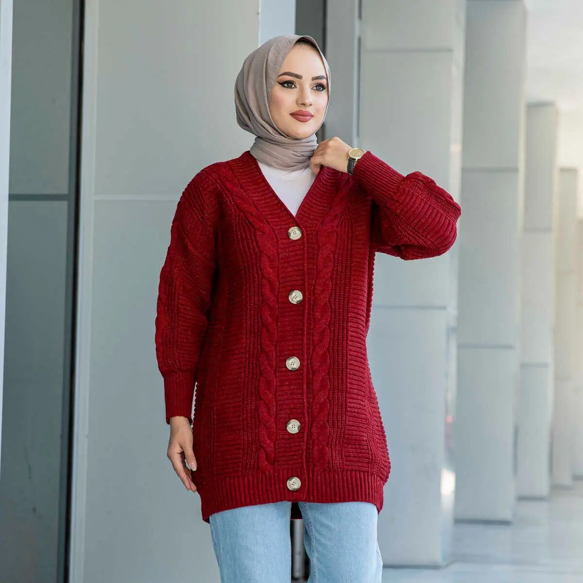 Balloon Sleeve Knitted Hijab Sweater Cardigan Phosphorescent Winter Long Sleeve Pockets Women Muslim Clothing Casual Sports