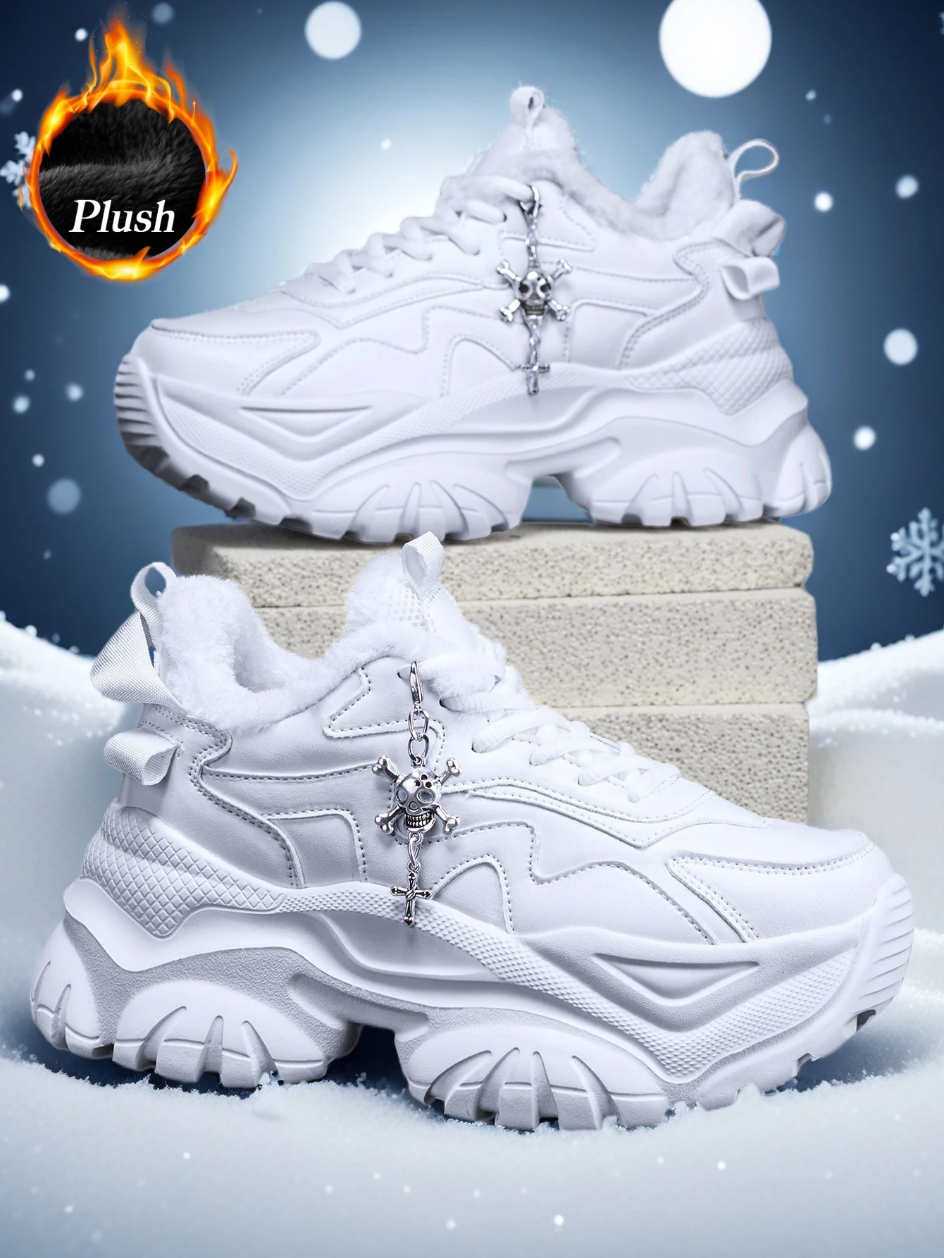 Schwarze vulkanisierte Schuhe im Y2K-Sweet-Cool-Stil für Damen, leichte Eva-Sneaker mit dicker Sohle und 7 cm Absatzhöhe, mit abnehmbarem silberfarbenem Kreuz-Schädel-Anhänger, geeignet für Outdoor-Winterwärme – Detail 6