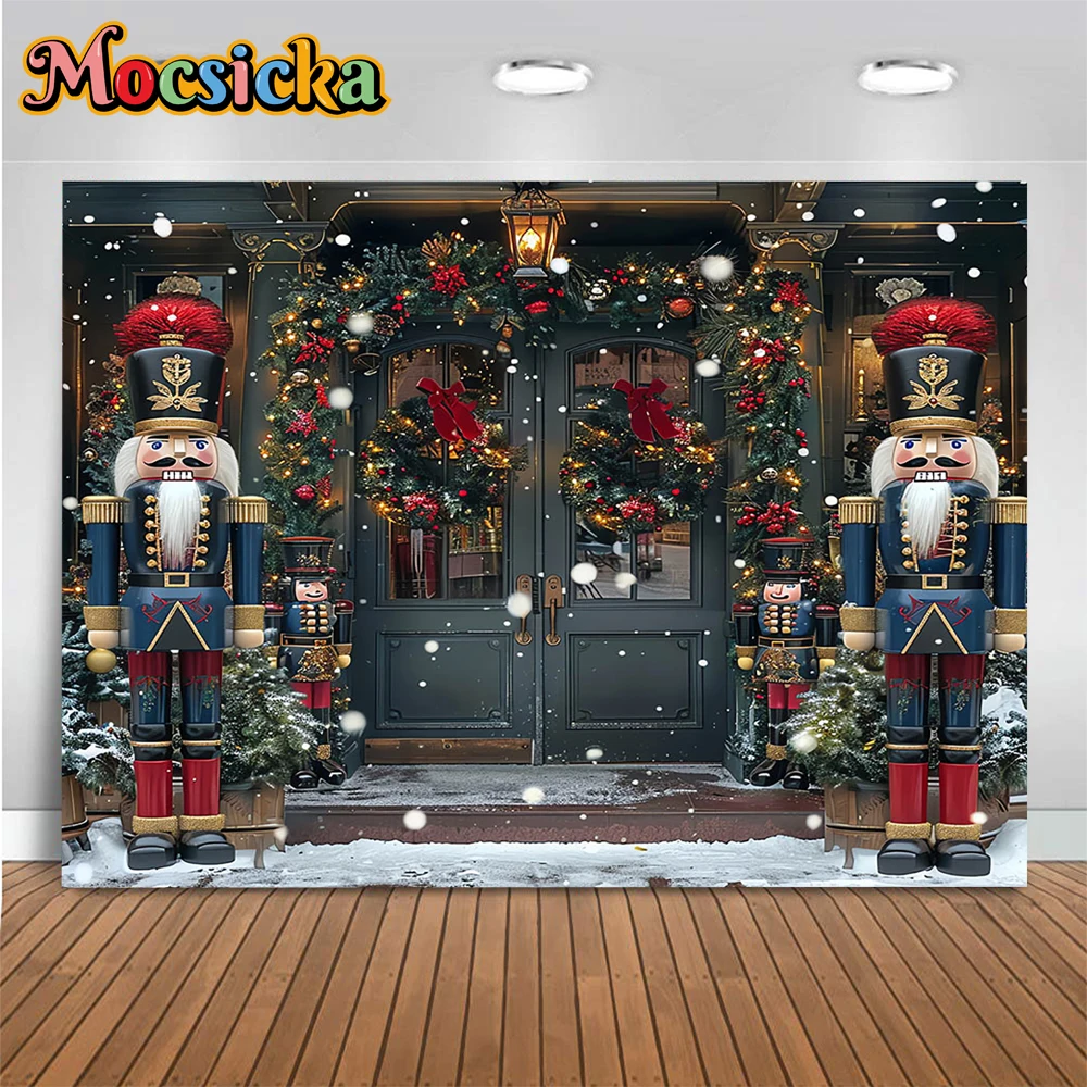 Santa Gift Workshop Background Photography Retro Nutcracker Soldier Toy Xmas Wreath Backdrop Kids Winter Birthday Photo Studio