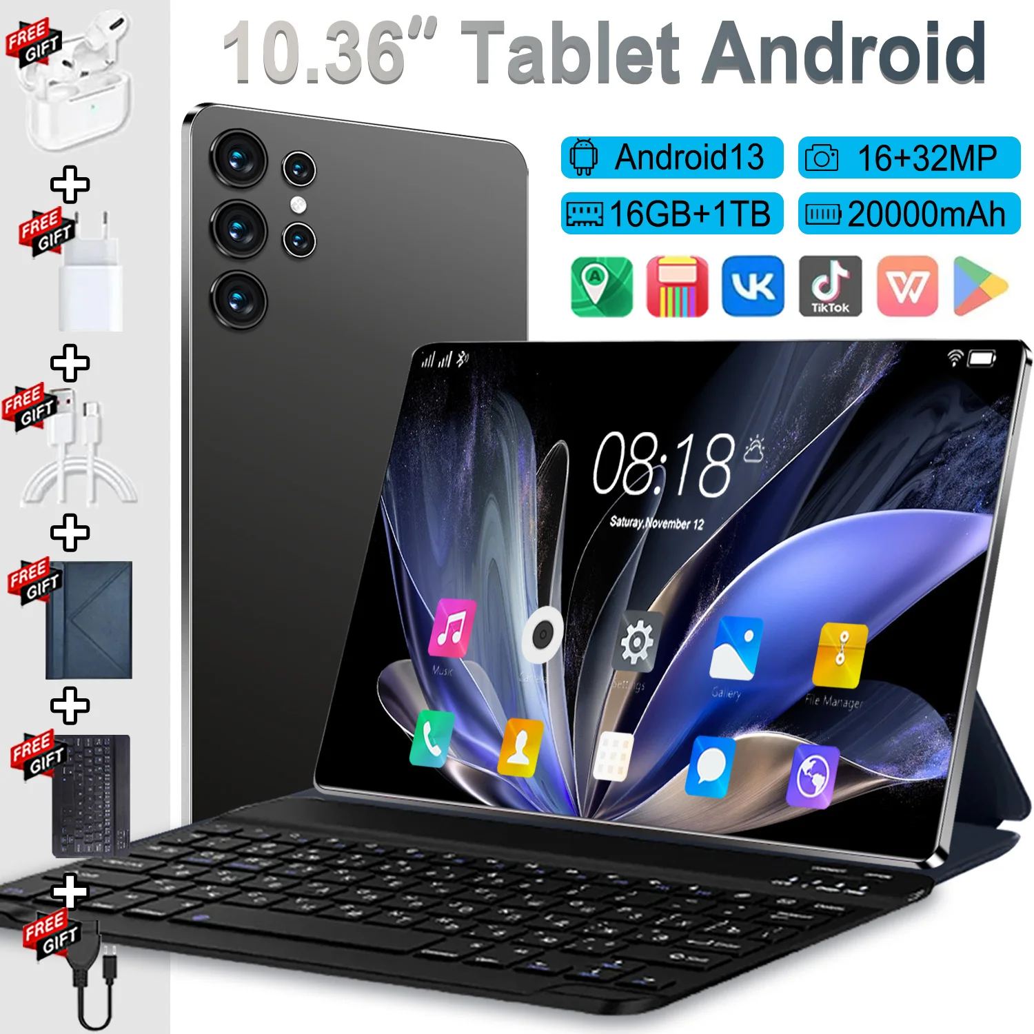 5G grand écran HD 10.36 pouces tablette Android 16GB RAM 1TB ROM 20000mAh Android 13.0 14 Core tablette PC type-c double caméra 16MP + 32MP double carte SIM réseau WIFI Bluetooth GPS WPS cadeaux de