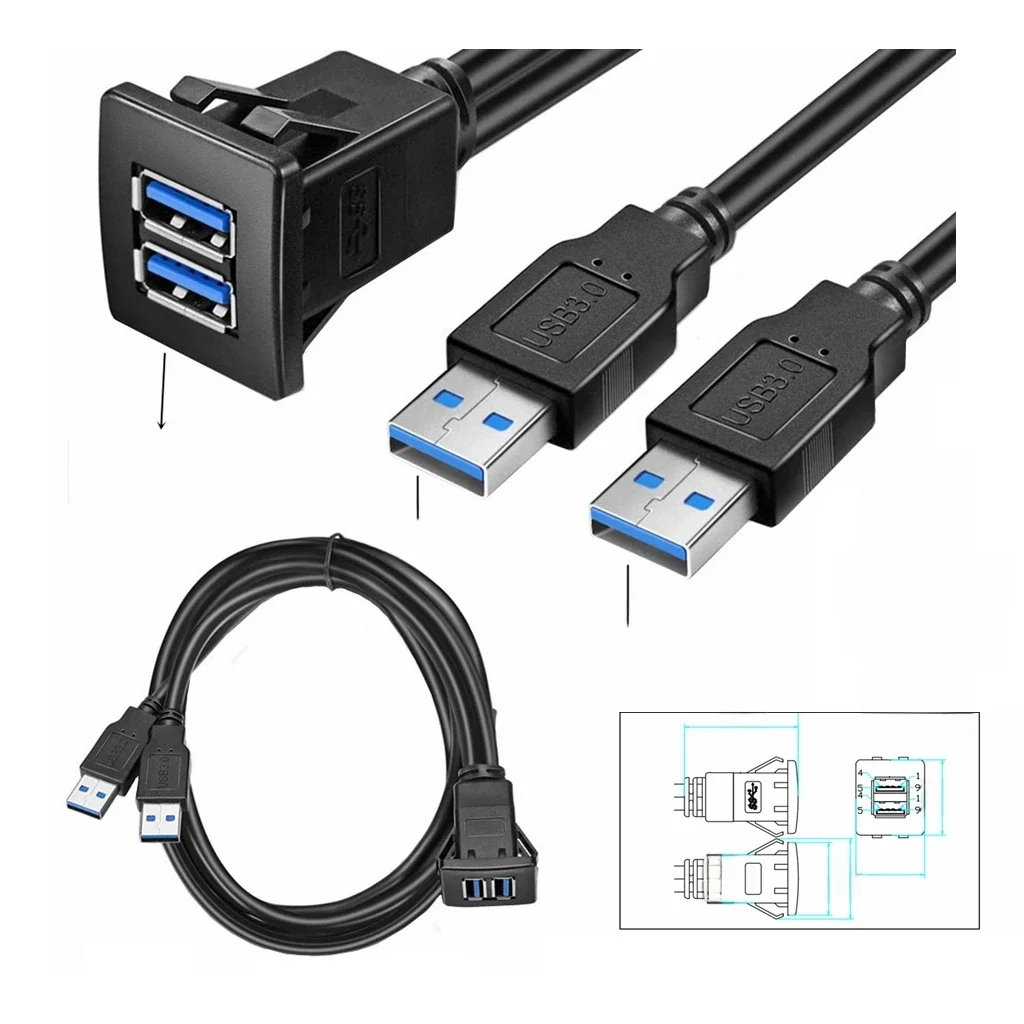 Podwójne gniazdo USB Extend Cabe USB3.0 Auto Car Flush Mount Extension Cord Dashboard Panel Square USB Cable For Car Motorcycle — zdjęcie produktu 6
