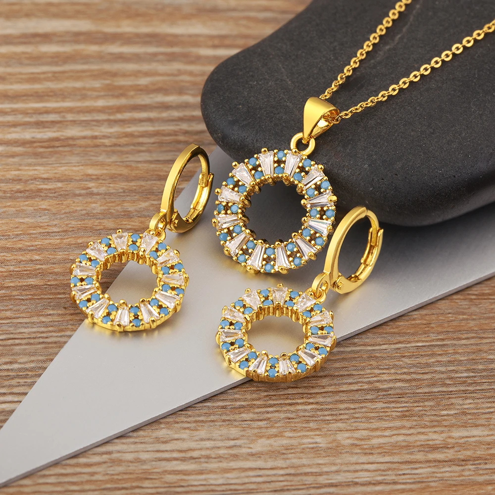 Nidin New Korean Round Disc Pendant Necklace Earrrings Cubic Zirconia Jewelry Sets Women Girls Engagement Anniversary Accessory