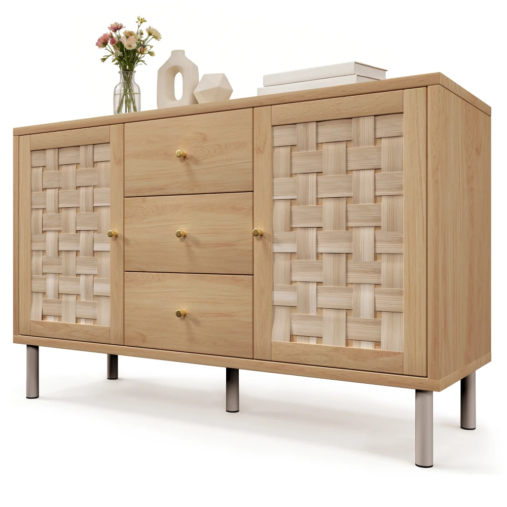 Komoda w stylu rustykalnym, wymiary 120x40x75 cm, kolor dębowy, 2 drzwi, 3 szuflady, regulowane półki, metalowe nogi, zabezpieczenie przed przewróceniem, idealna do salonu, przedpokoju lub kuchni. — 2